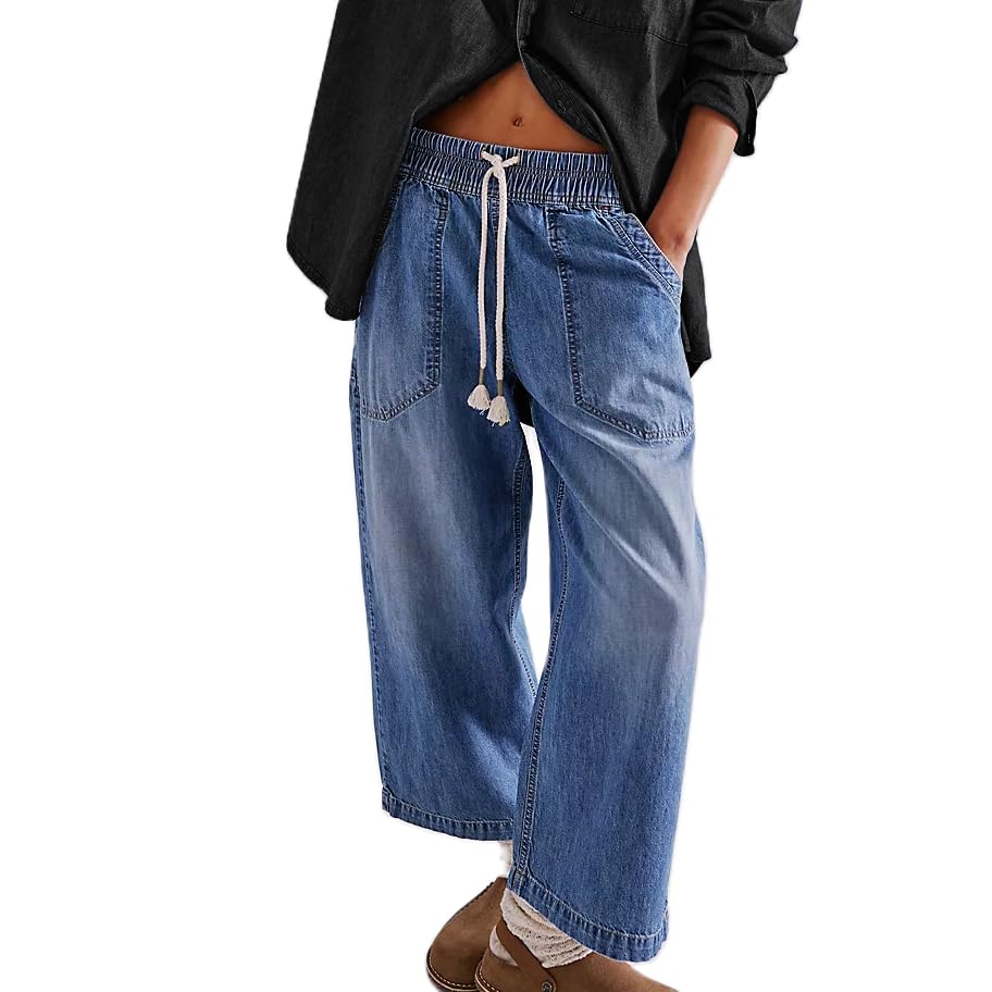 Mxiqqpltky Y2K Drawstring Jeans Women Casual Elastic Waist Stretch Baggy Cropped Denim Pants Vintage Boyfriend Wide Leg Jeans