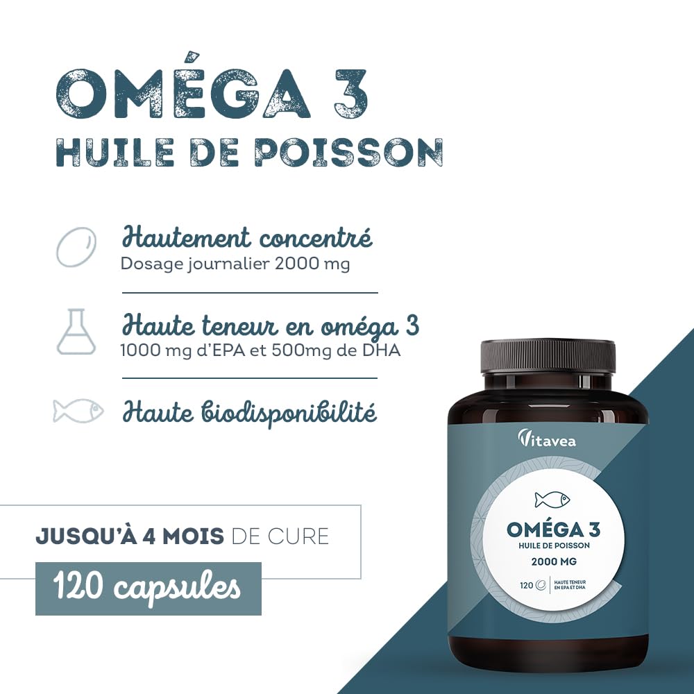 Omega 3 Huile de Poissons Sauvages 2 000mg - 4 mois - Haute concentration en EPA (1 000mg) et DHA (500mg) - Soutien des fonctions cognitives et visuelles - Fabriqué en France - Vitavea