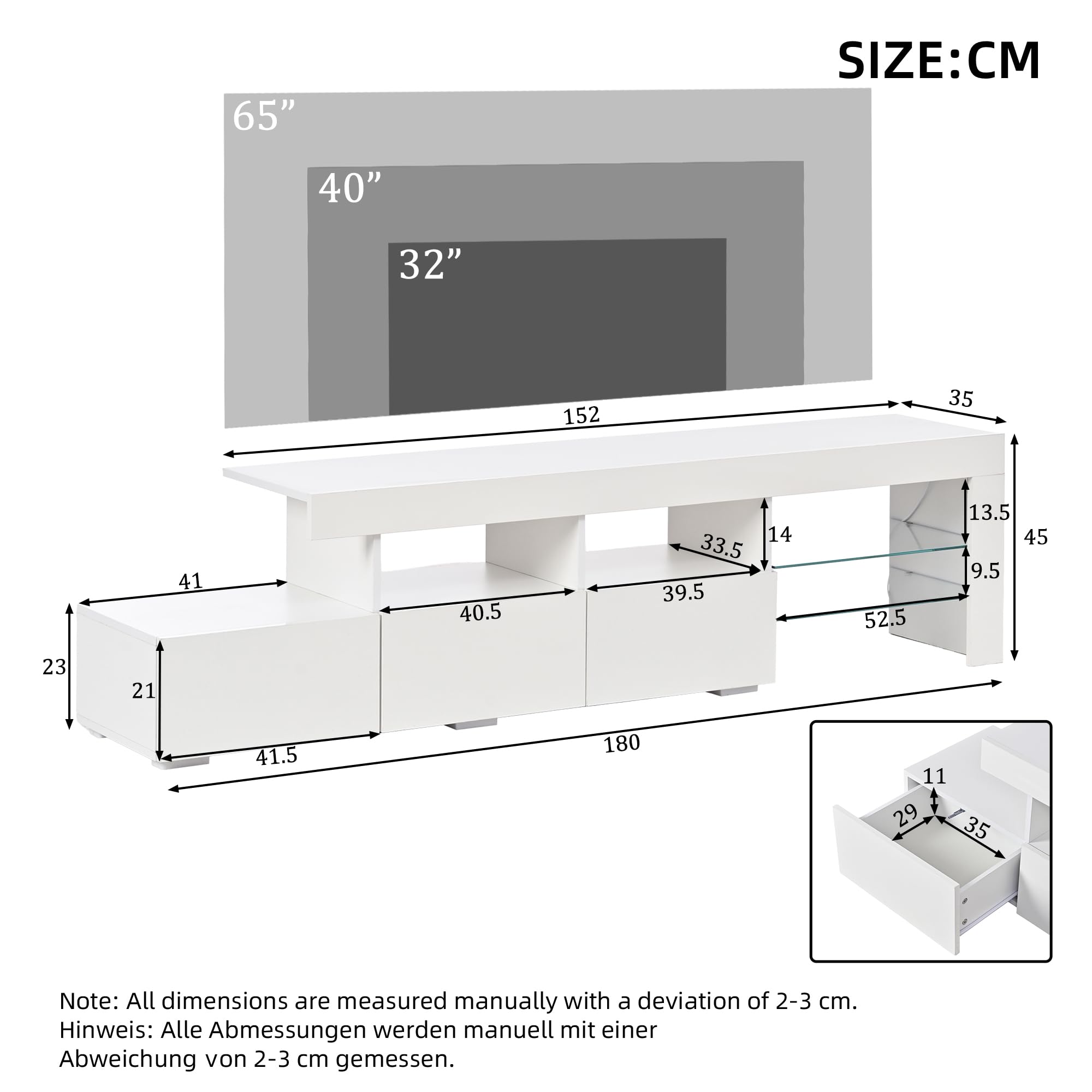 Meuble TV 180 cm Blanc Laqué avec Éclairage LED Piloté par App, Banc TV Moderne pour Téléviseurs jusqu'à 75 Pouces, 3 Tiroirs Push-to-Open et 7 Compartiments de Rangement pour Salon et Chambre