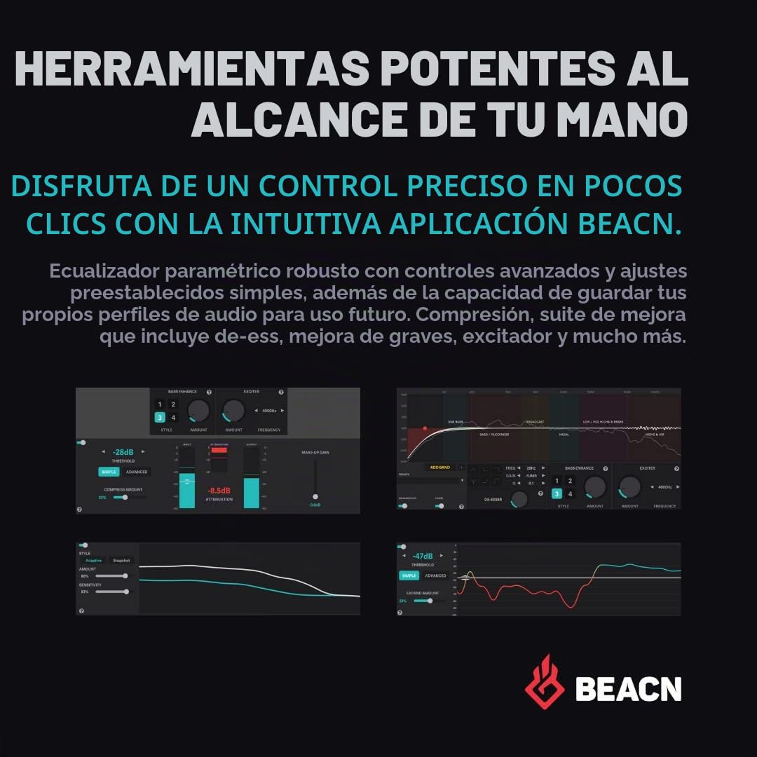BEACN Micrófono USB dinámico oscuro para PC y juegos, transmisión de grado de transmisión, podcast y micrófono de YouTube con iluminación RGB, rechazo de ruido y monitoreo de auriculares, micrófono