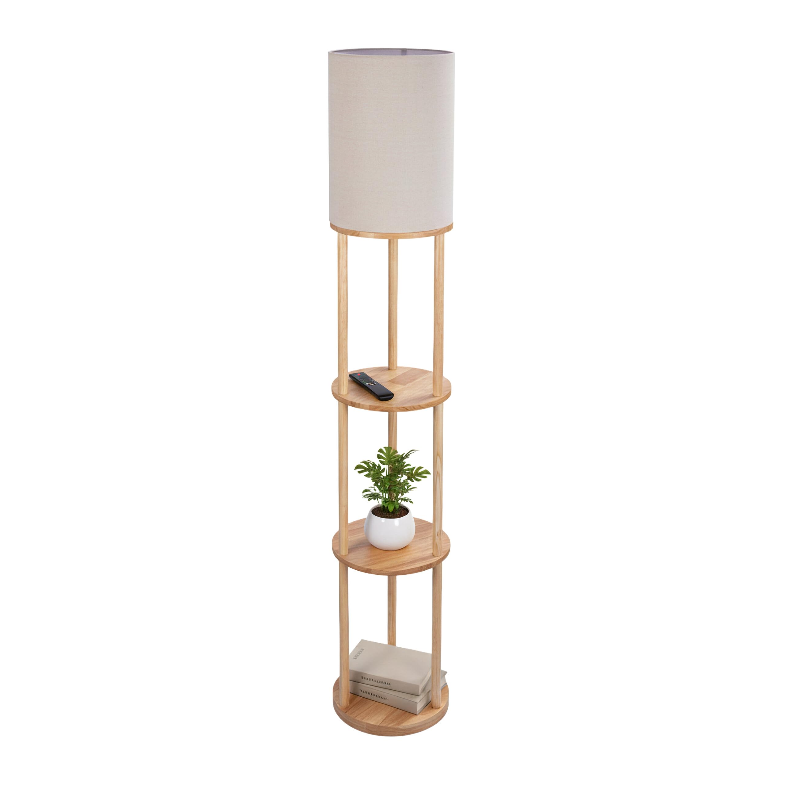 Relaxdays Stehlampe mit Regal, HD: 180 x 30 cm, E27-Fassung, Holz & Leinen, modernes Design, Stehleuchte, Natur-weiß