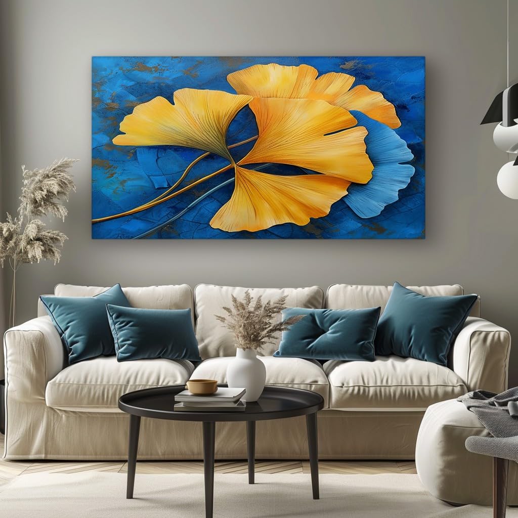 MKBKLI Abstract Canvas Wall Art for Living Room Yellow Blue Ginkgo Leaf Paintings for Bedroom, Office, Kitchen - Home Decor Pictures, 60x120cm