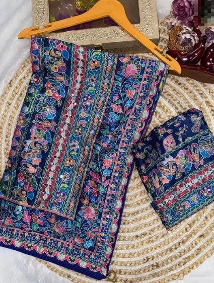 Image of Women's Chinon Silk Saree with Printed Design, Mirror Work & Zari Woven Detailing | Ethnic Wear Saree with Unstitched Blouse Piece | Traditional Festive & WeddingWear