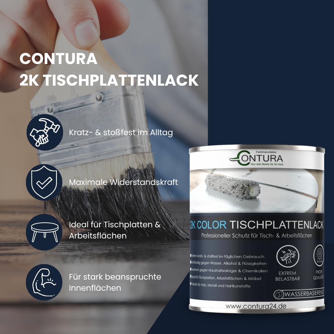 Contura 2K Hartlack Tischplattenlack Seidenmatt Color Set 2 Komponenten Farbe Thekenlack Buntlack (RAL 7016 - Anthrazit Grau, 750ml.)