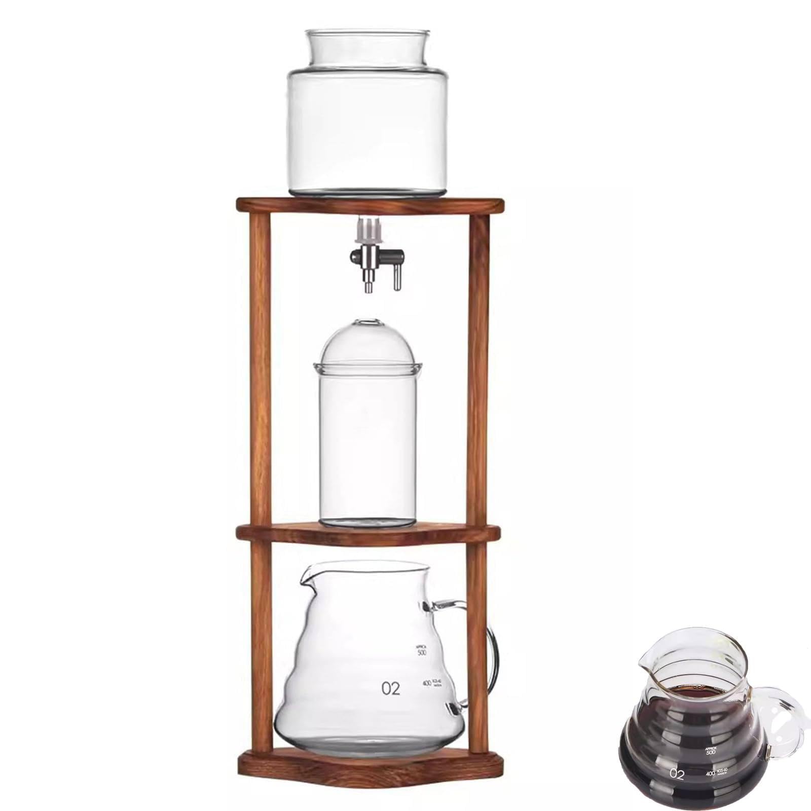Wieża ociekowa Premium Cold Brew – przenośny ekspres do kawy mrożonej z regulowanym przepływem wody, drewniany wspornik, idealny do zimnej kawy i mrożonej herbaty w domu lub biurze