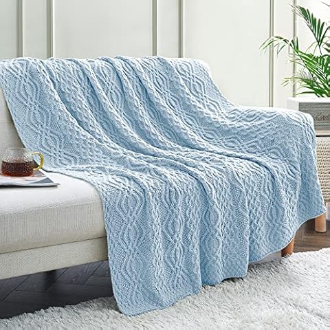 Aormenzy Light Blue Cable Knit Throw Blanket, Soft & Warm Knitted Blanket Throw for Couch Bed Sofa Living Room, 50 x 60 inch Cover