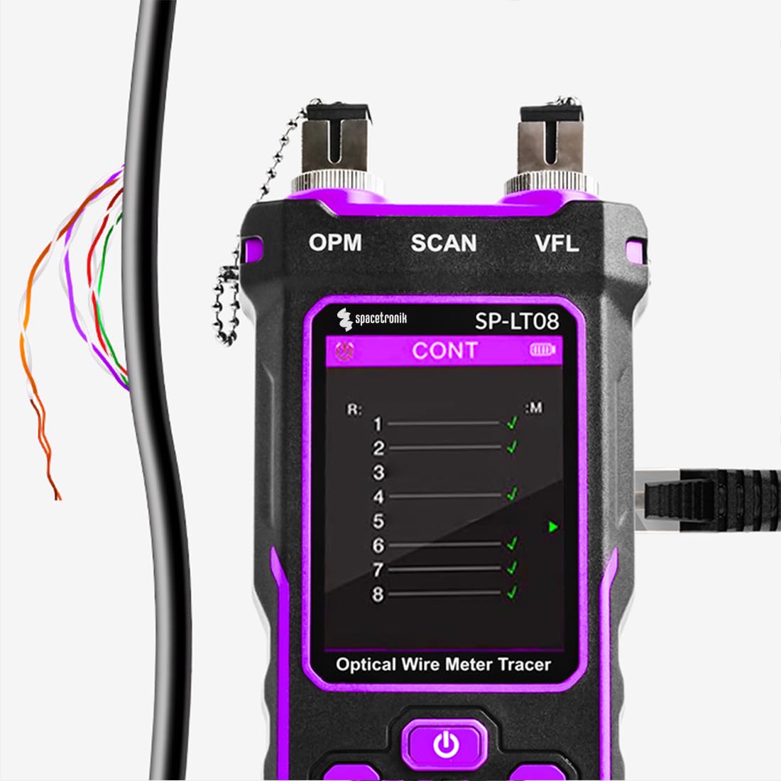 Spacetronik Tester de Cables de Red PoE Multifunción - Prueba de Fibra Óptica, Tester PoE con Detector NCV y Linterna LED - Medición Longitud de Cables CAT5/CAT6 hasta 200m, USB-C, Port-Flash