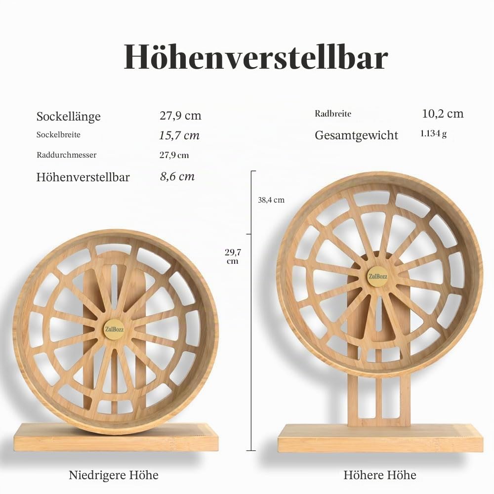 Hamsterrad aus Bambus Ø 28 cm – Leises Holz-Laufrad mit Höhenverstellung | Für Große Syrische Hamster, Zwerghamster, Rennmäuse & Mäuse
