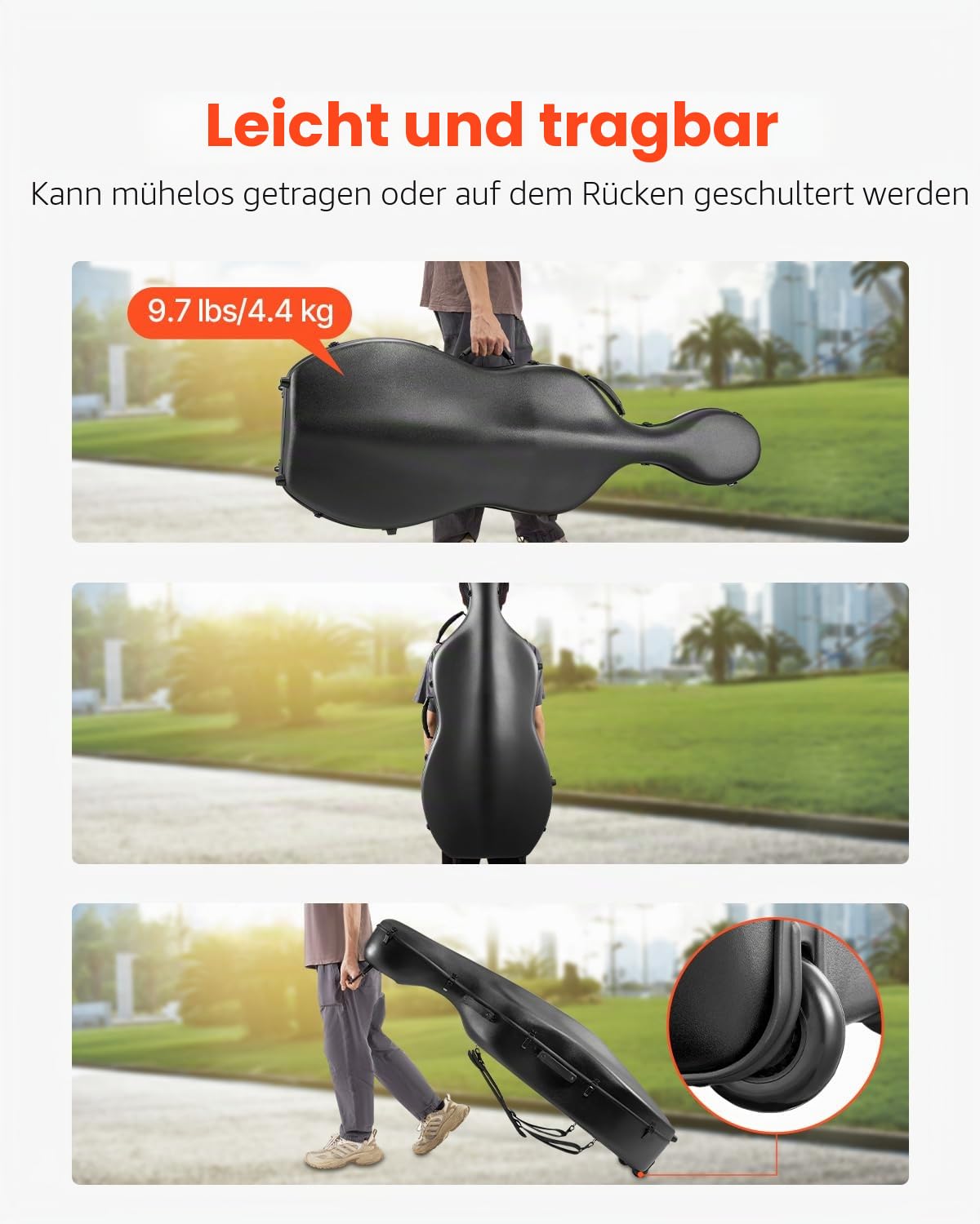 VEVOR 4/4-Cellokoffer in voller Größe, Verbundkohlenstofffaser, tragbare Reisetragetasche, mit Weichfutter, Zwei Schultergurten, Kratzfest, professionelle Celloform, für Cello, schwarz