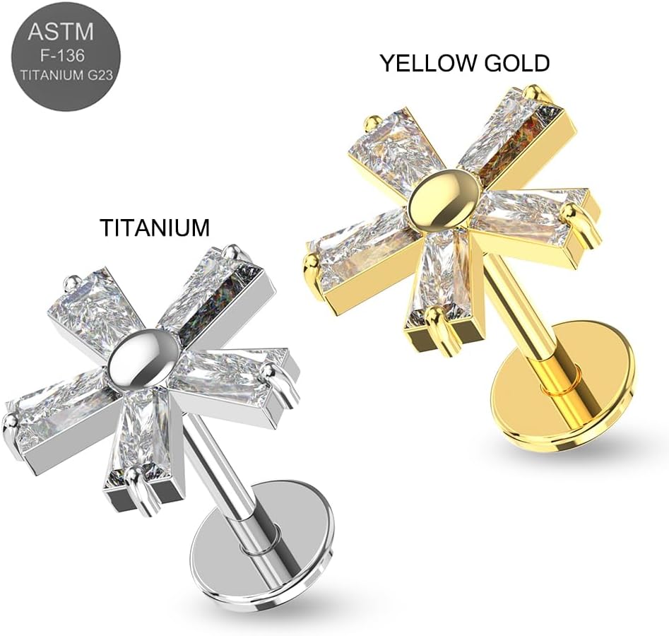 G23 Grade Titanium Five Petals Flower Cz Stones Top Push Fit Lip Labret - Tragus Bar Piercing - Labret Stud Helix - Tragus Piercing Jewelry