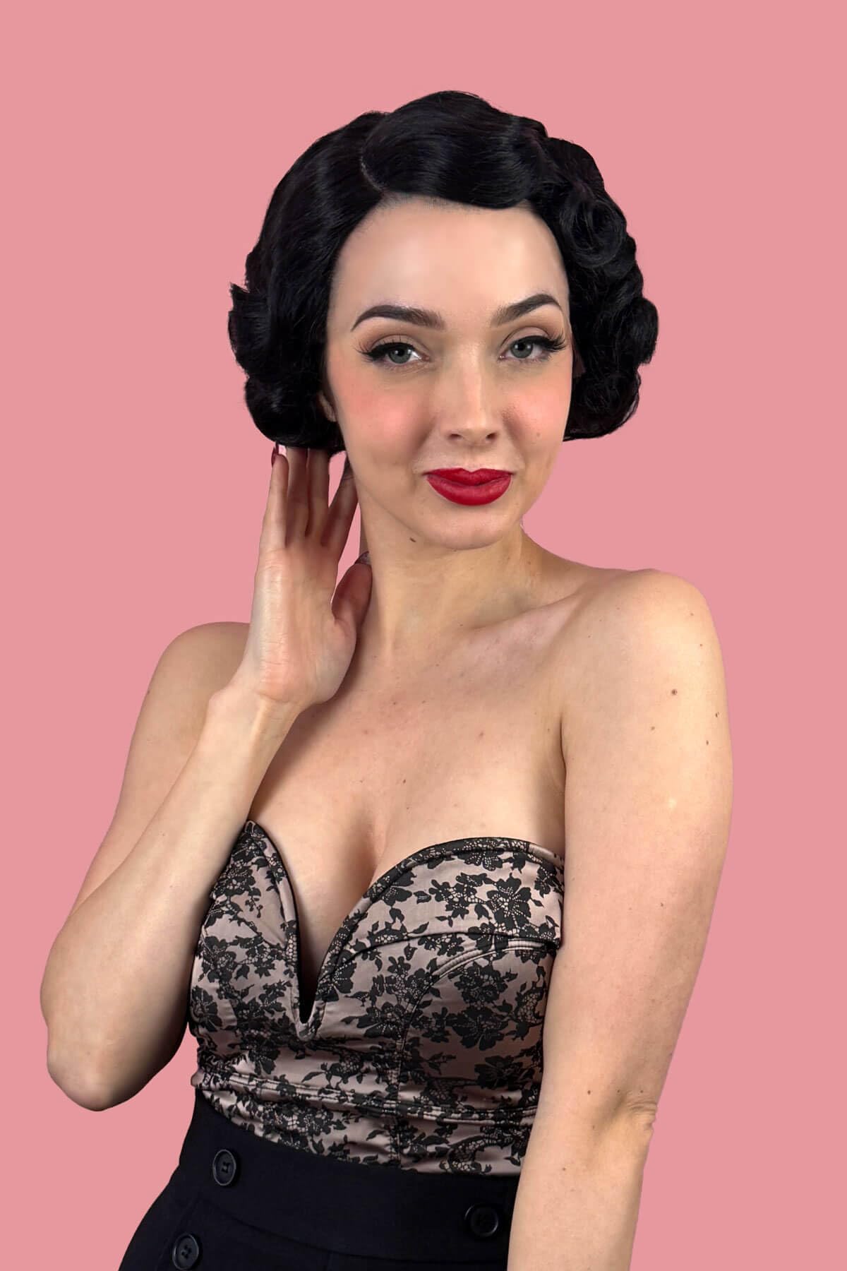 Perruque lace front noire courte avec finger waves style pinup vintage Viola #1B - 8