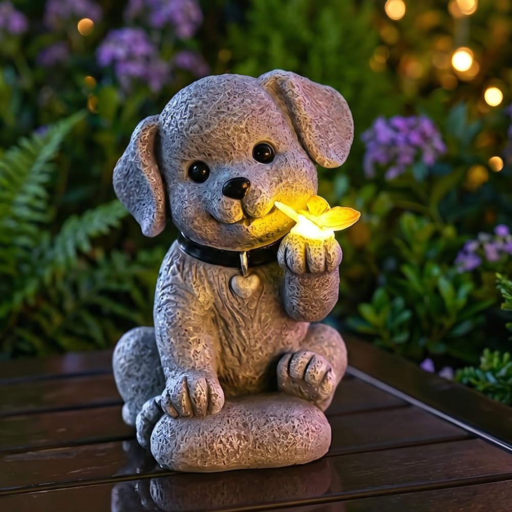 WRQIOO Solar Hund Gartendeko, Hund Gartenfiguren für Draußen Wetterfest mit Schmetterling, Solar Deko für Außen, Solar Figuren Hund, Hunde Statue Deko für Garten Balkon Rasen Teiche