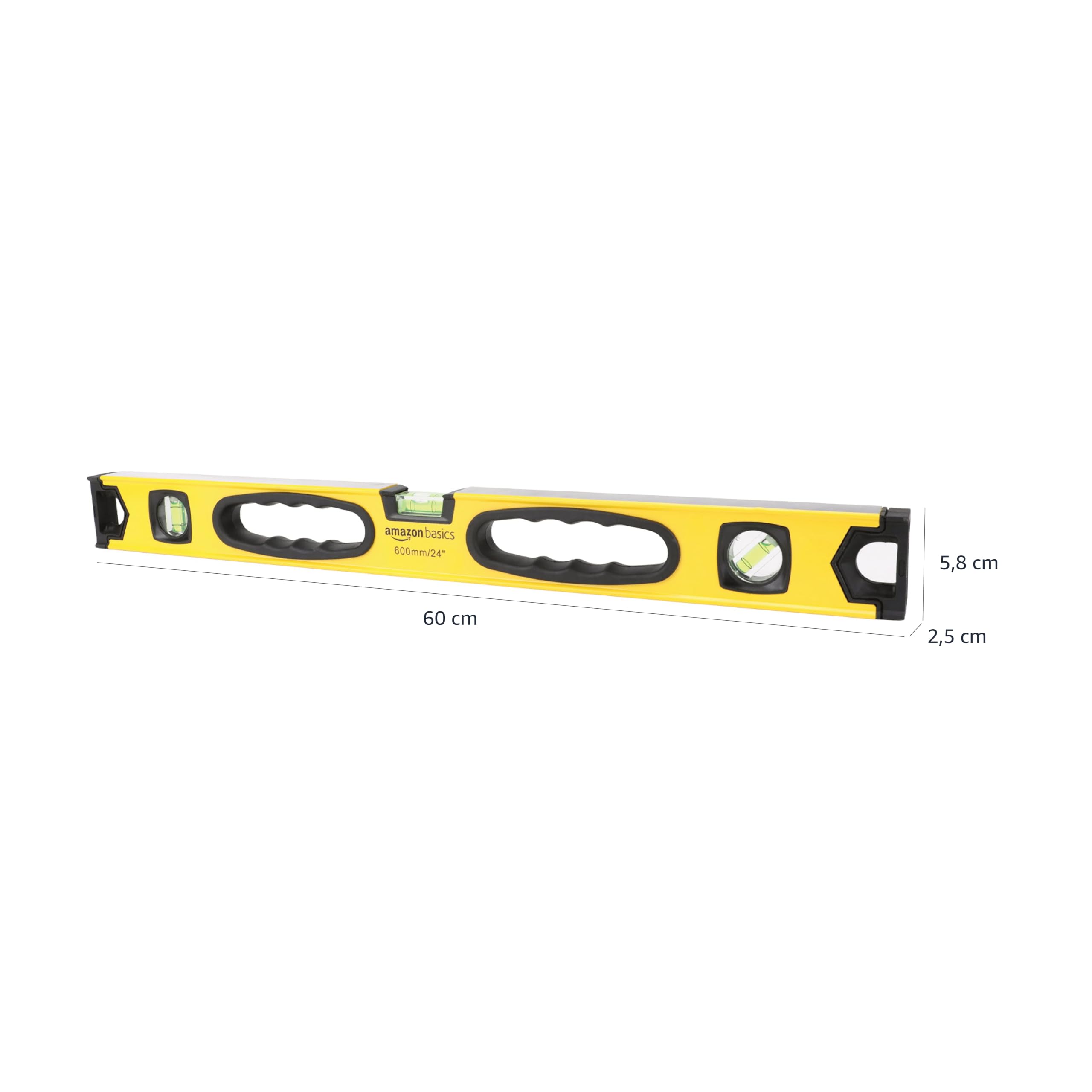 Amazon Basics Nivel de burbuja magnético de aleación de aluminio resistente a los golpes, de 60.9 cm, plomada/nivel/burbujas, 180, 90 y 45 grados, Amarillo,negro