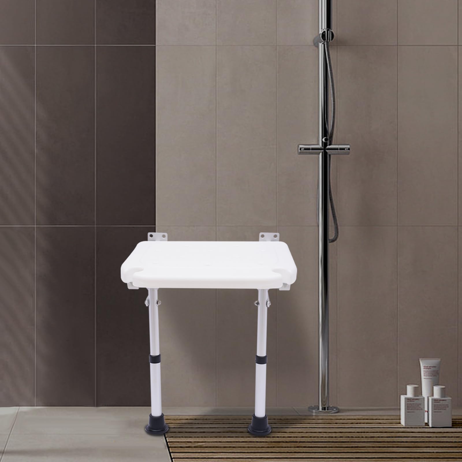 Duschhocker Klappbar, Höhenverstellbarer Badesitz Mit Rutschfesten Füßen | 100kg Tragkraft, 42-53cm verstellbare Höhe, Aluminiumlegierung mit PE-Sitzfläche, für Senioren, Schwangere, Pflegebedarf