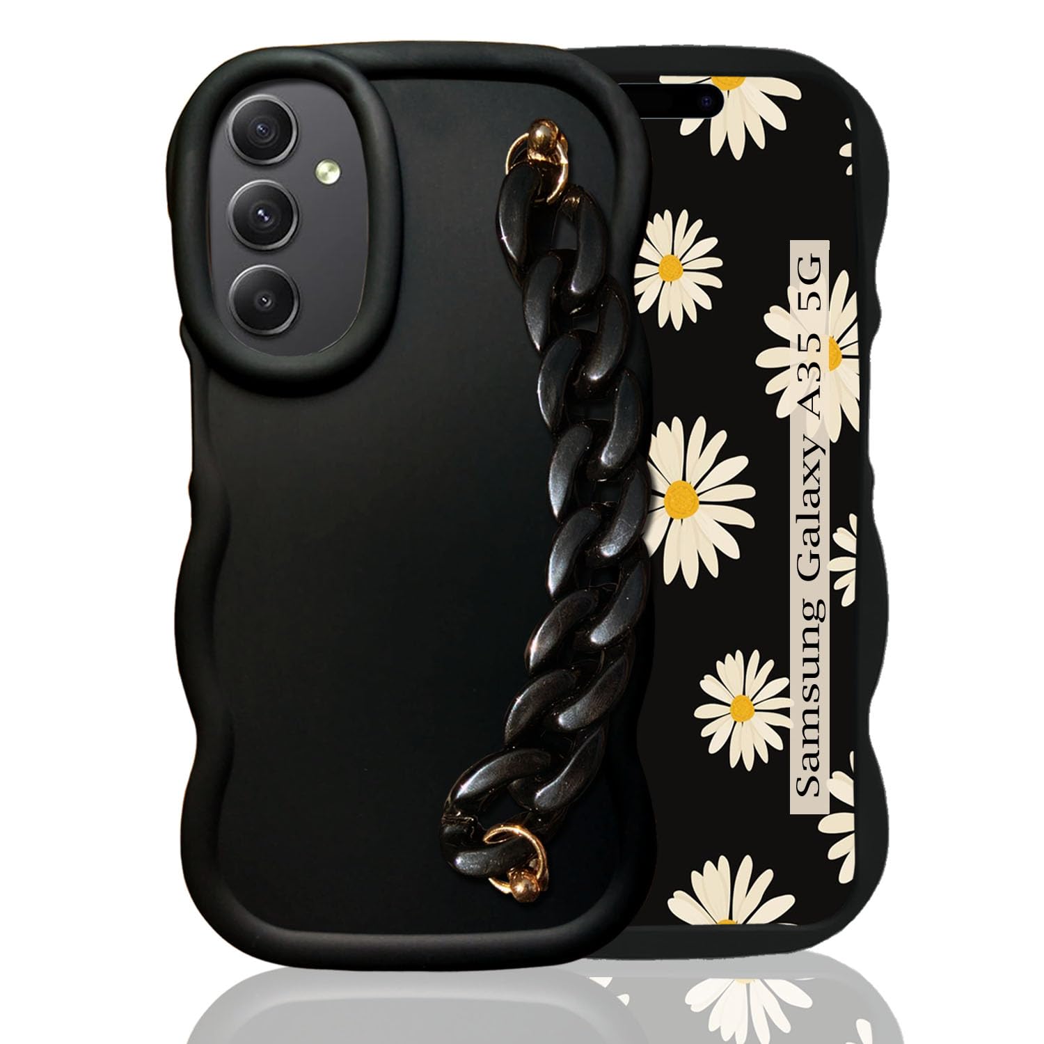 KC Back Cover for Samsung Galaxy A35 5G - 3D Big Wave Shockproof Soft Bumper Marble Chain Bracelet Holder Silicone Case with Camera Protection (Black) (B0D9B3F1SS) Amazon Price History, Amazon Price Tracker