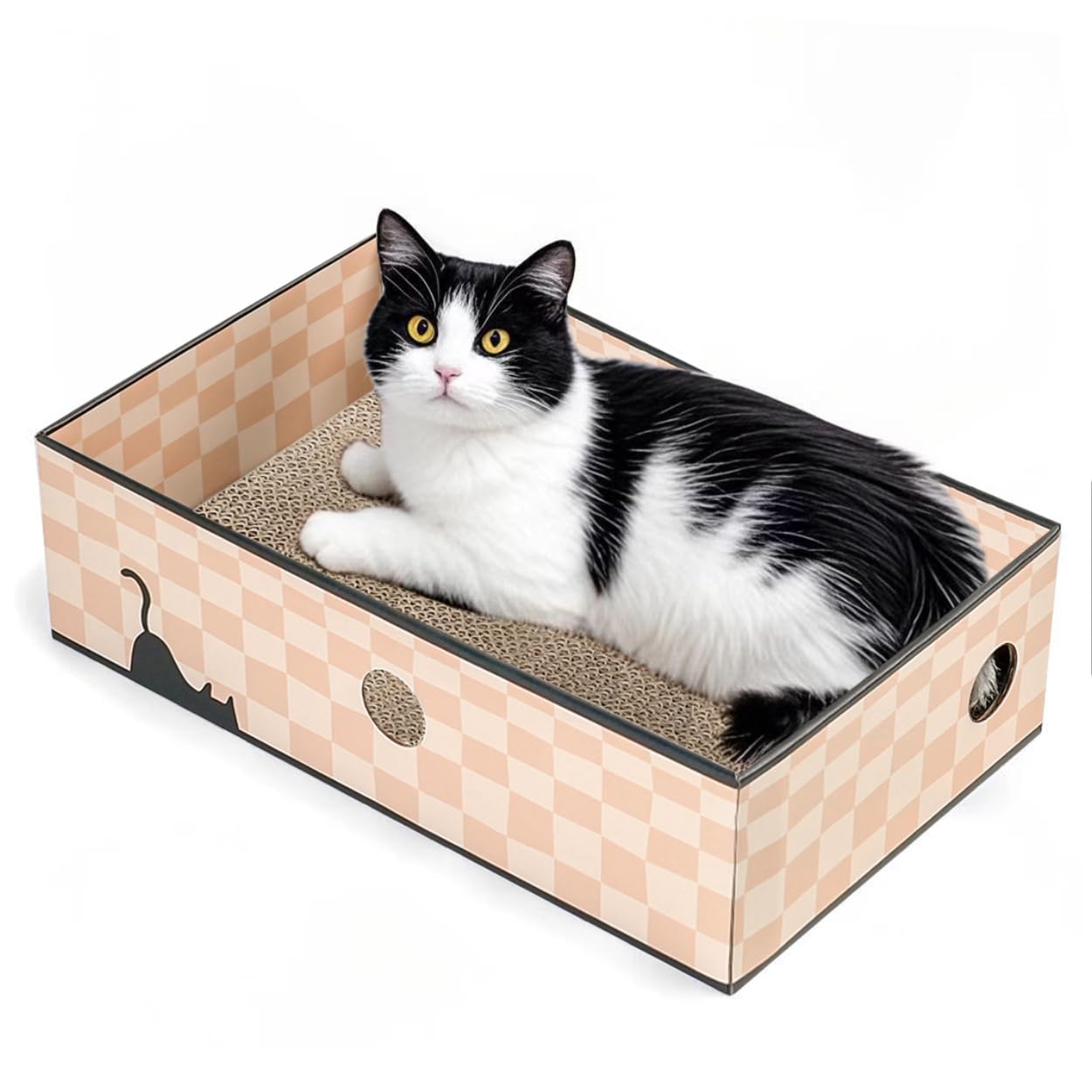 Conlun Cat Scratcher Box with 3-Layer Corrugated Board, Heavy-Duty Double-Sided Cardboard Cat Bed, Interactive Hole Design, Checkered, Large