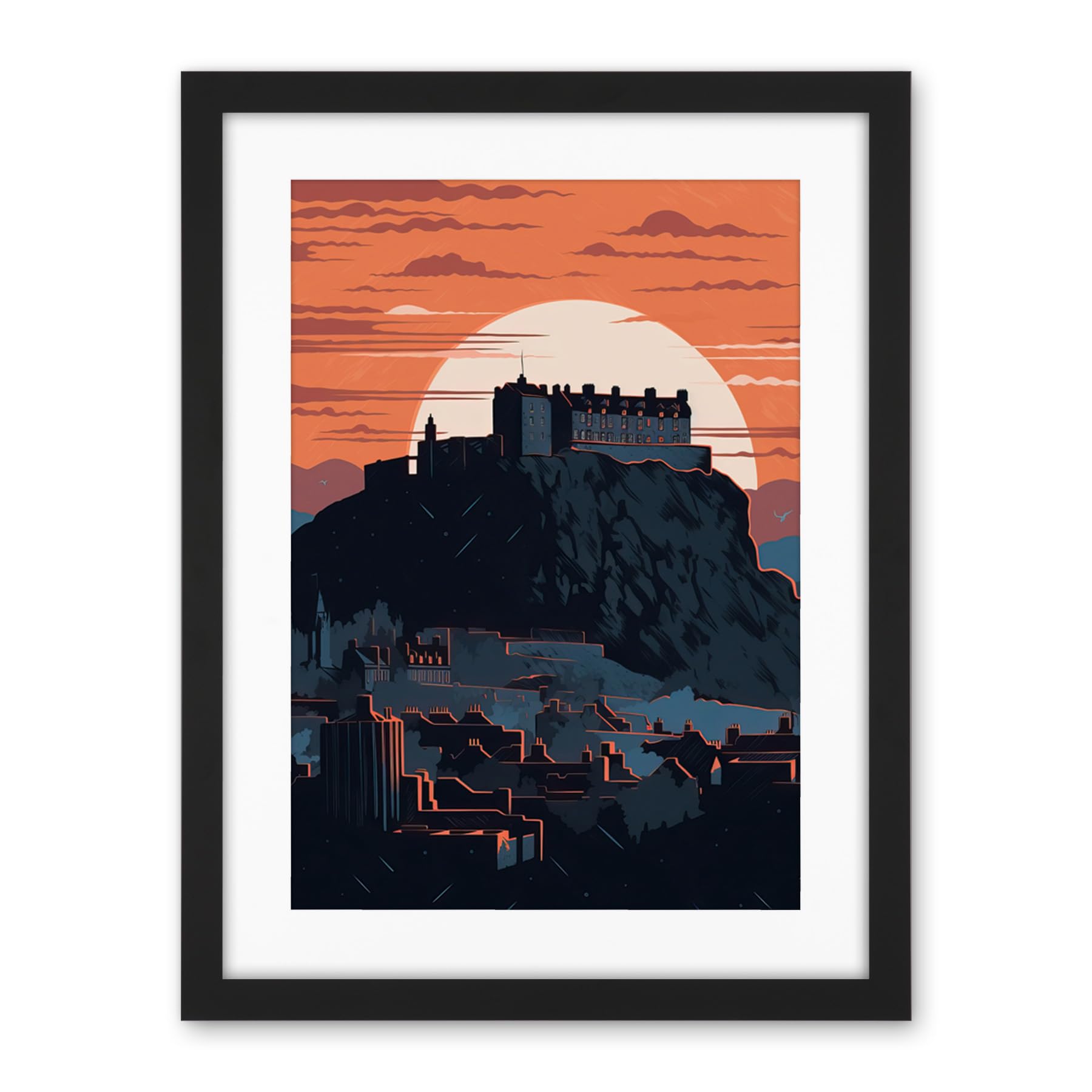 Artery8 Edinburgh Castle and Old Town Atmospheric Sunset Artwork Framed Wall Art Print 18X24 Inch