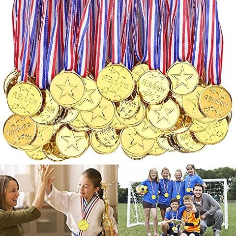 CJBIN 100 Pieces Plastic Medals for Kids, Gold Medals for Children with Ribbon, Medals for Adults, Sports Day Medals for Kids for Kids Party Favors, Sports Competition and Decorations Cover