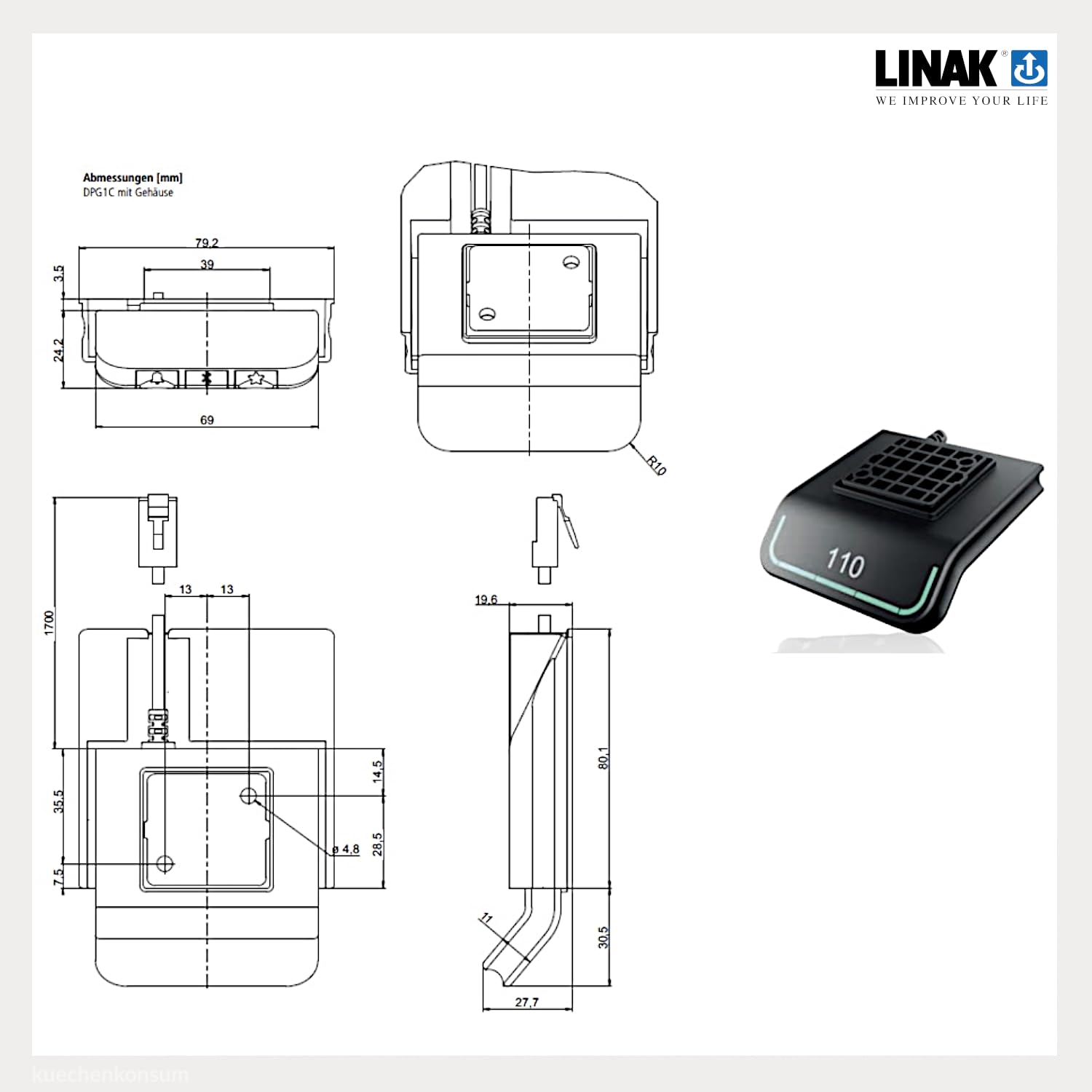 Linak Desk Panel DPG1C02 | Smarte Steuerung für höhenverstellbare Schreibtische | Bluetooth & LED-Anzeige | Ergonomisches Bedienelement mit Auf/Ab-Tasten | Einfache Montage | Modernes Design für Büro