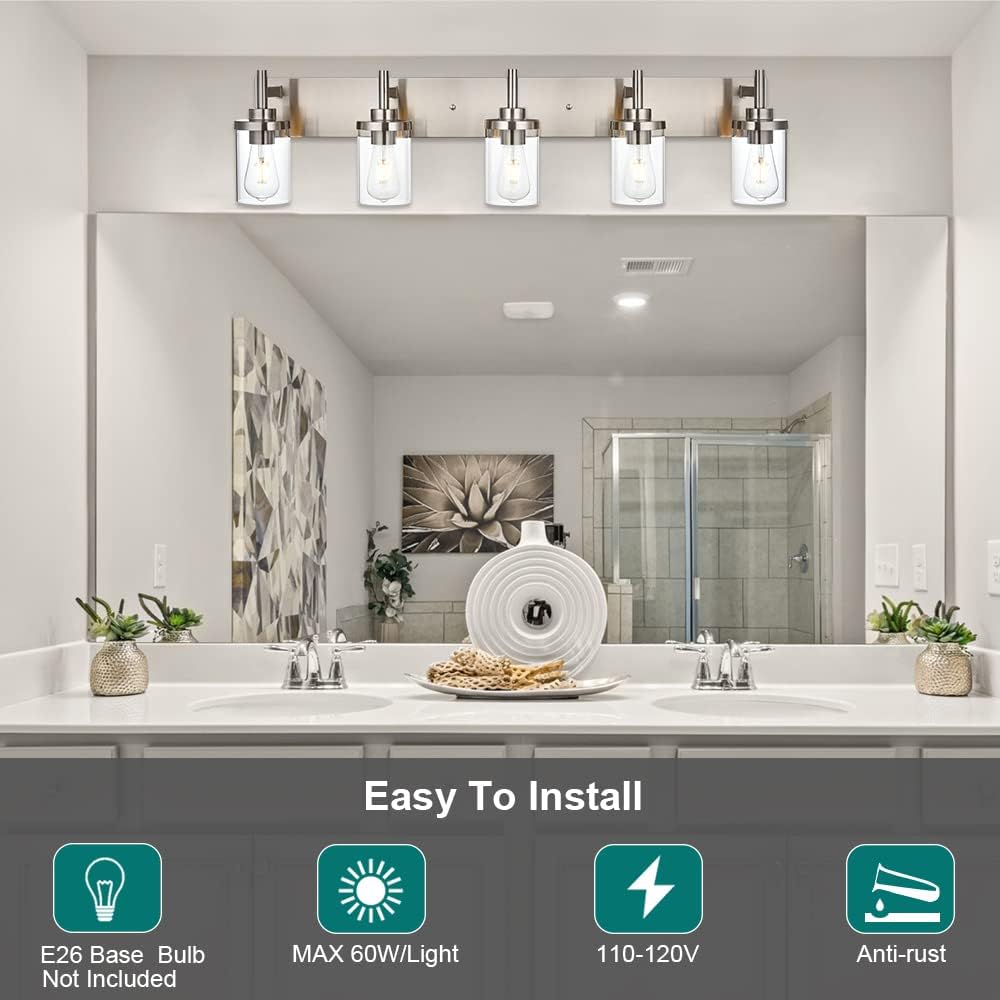 Brushed Nickel Bathroom Vanity Light Fixtures Over Mirror 5 Lights Bathroom Wall Lighting Fixtures with Clear Glass Shade Wall Mount Lighting Sconce for Farmhouse Living Room Bedroom Hallway
