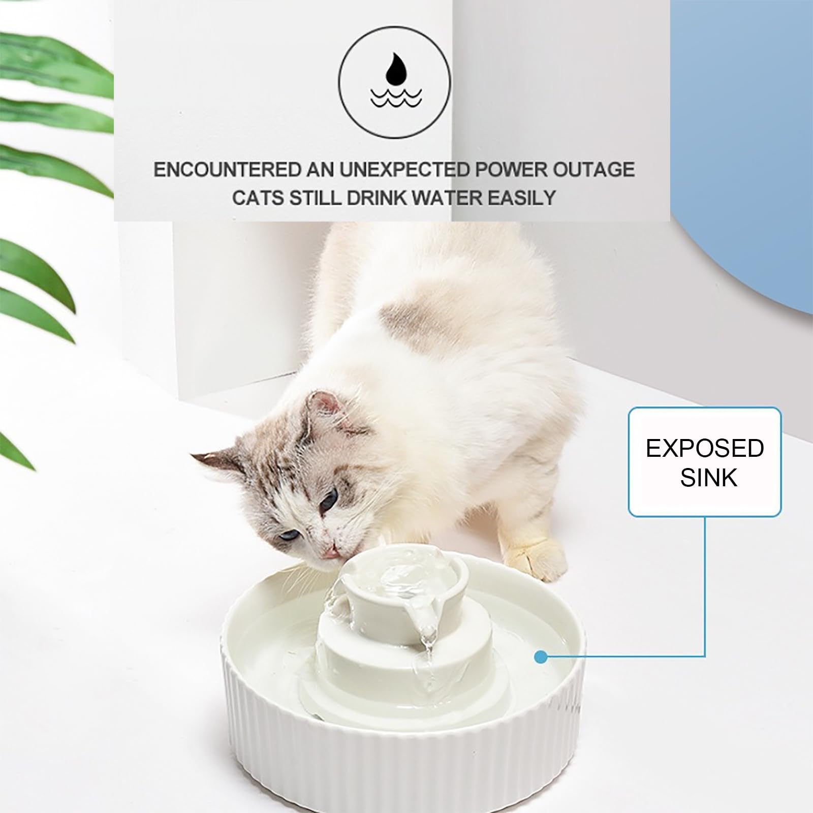Ceramiczna fontanna do picia dla zwierząt domowych, 2,1 l, automatyczna cyrkulacja wody, USB automatyczna fontanna do picia dla kotów i psów, automatyczne wyłączanie z powodu niedoboru wody, cicha