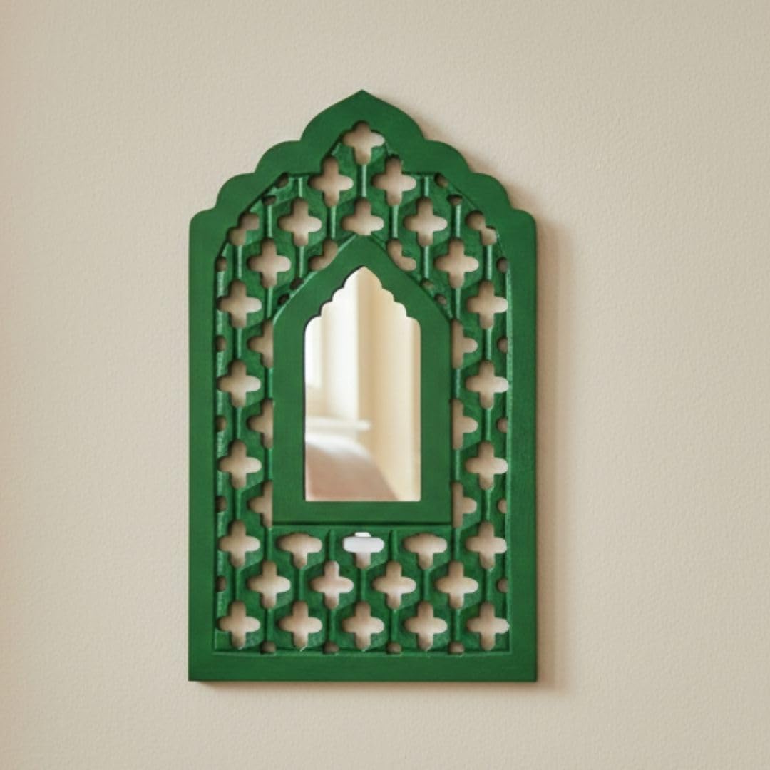 Handcrafted Traditional Green Mughal MDF Wooden Mirror Jharokha Wall Art | Boho Style Home Décor for Living Room & Bedroom (Green Mughal)-image-10