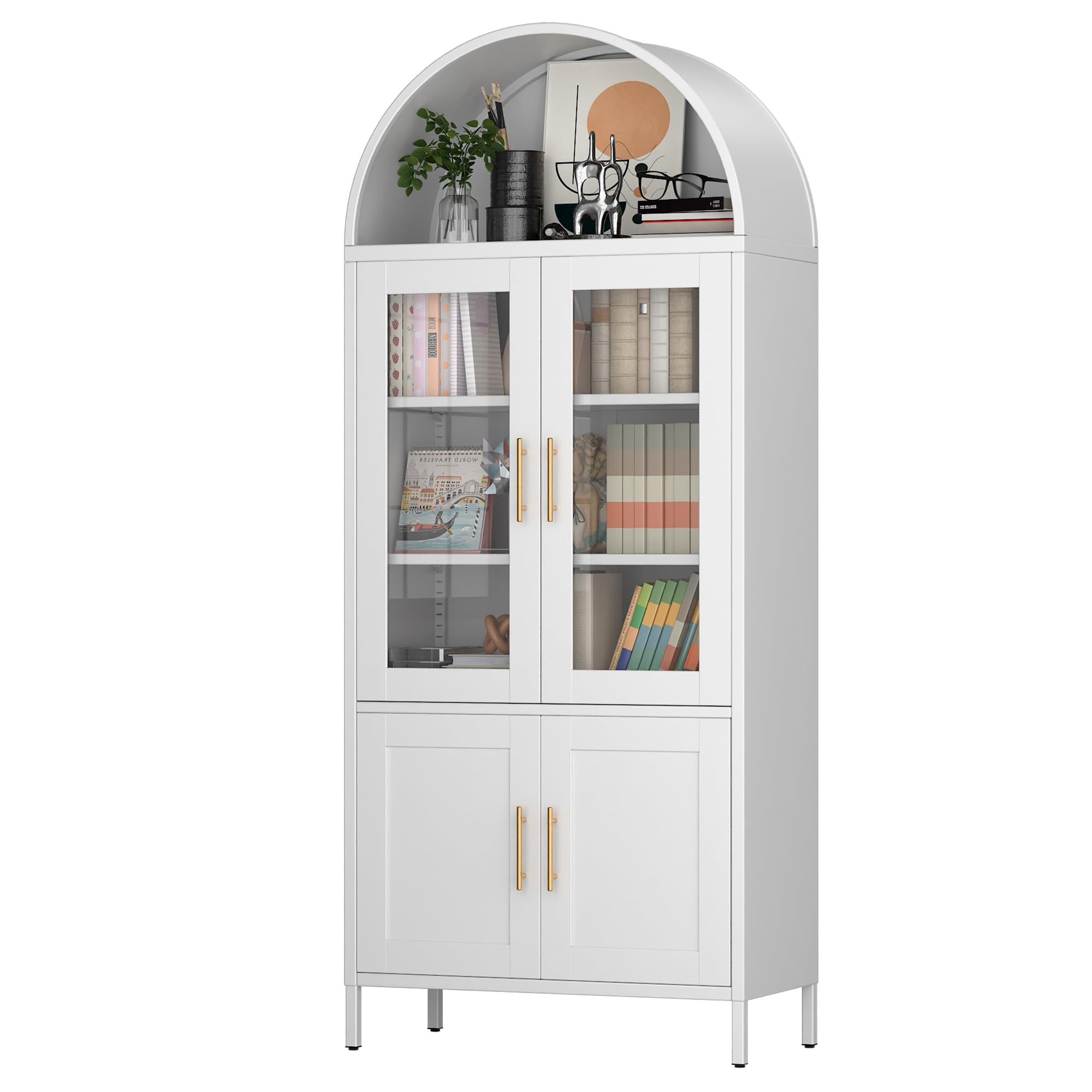 SUPEER 185cm Tall Metal Arched Kitchen Pantry, Modern Storage Cabinets with 2 Glass and Door 2 Metal Door, Versatile Cupboard for Kitchen, Dining Room, Bathroom,Assembly Required (Black)