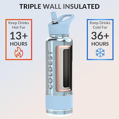 Miniatura 91 de Coldest - Botella de agua deportiva con tapa con popote y asa, a prueba de fugas, de acero inoxidable con aislamiento al vacío de doble pared,