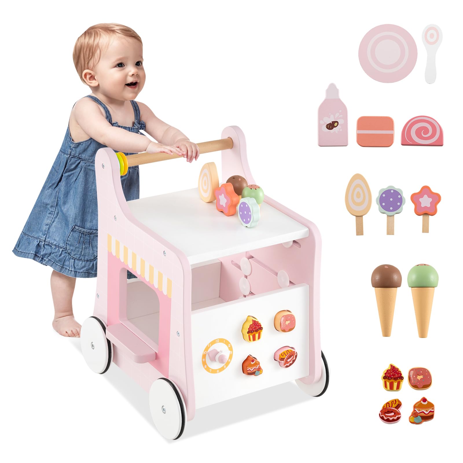 COSTWAY Andador Bebés de Madera 2 en 1, Carrito Correpasillos con Almacenamiento, Tienda de Postres para Niños con Accesorios, Centro de Actividades Montessori para Niños de 1+ Año,Tacata Bebe (Rosa)