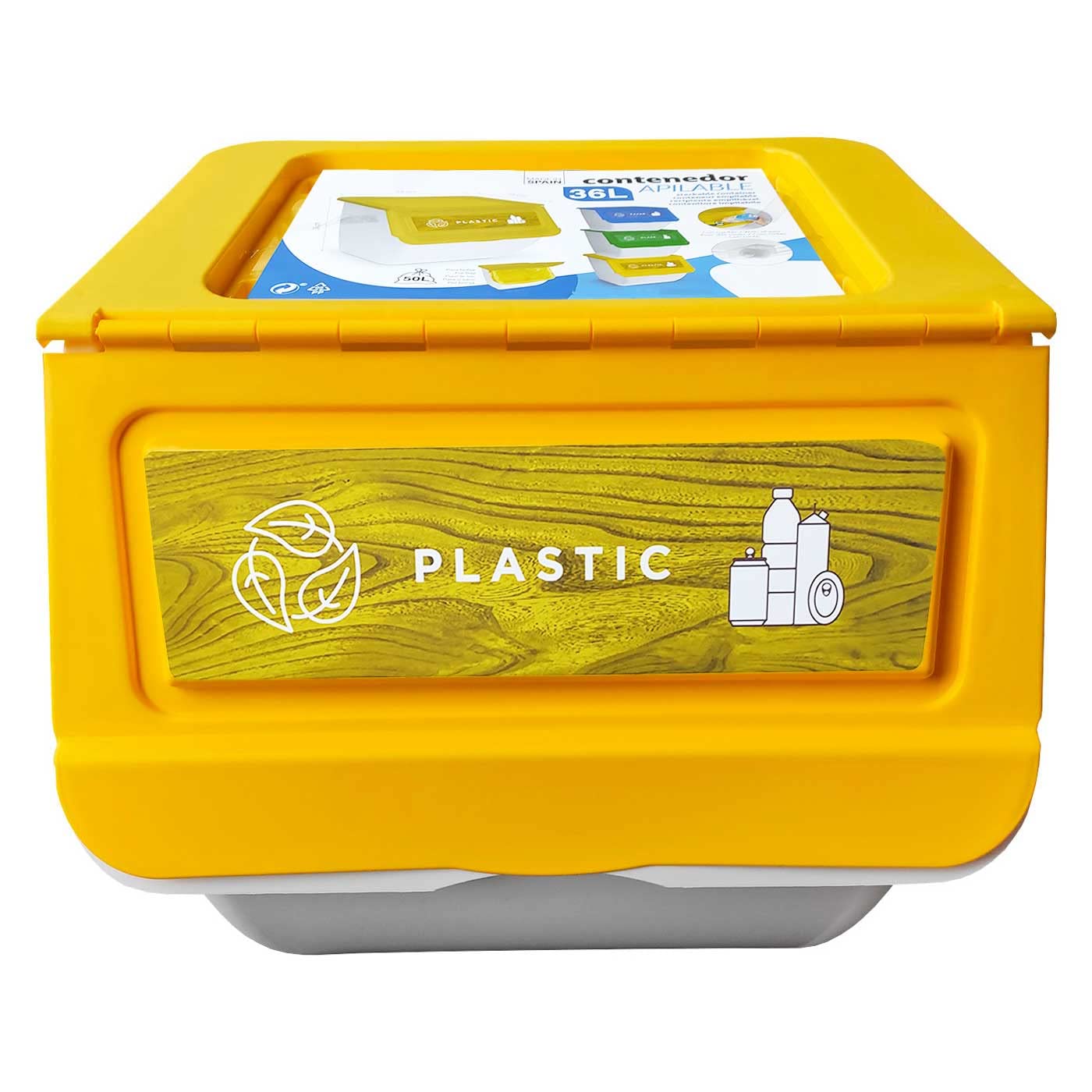 AC - Pack de 3 Contenedores apilables de Polipropileno - Cubo de Reciclaje de Basura, Caja de Almacenamiento de residuos, fácil Apertura – 36 L – Plástico, Vidrio y Papel – 36 x 38,5 x 38 cm