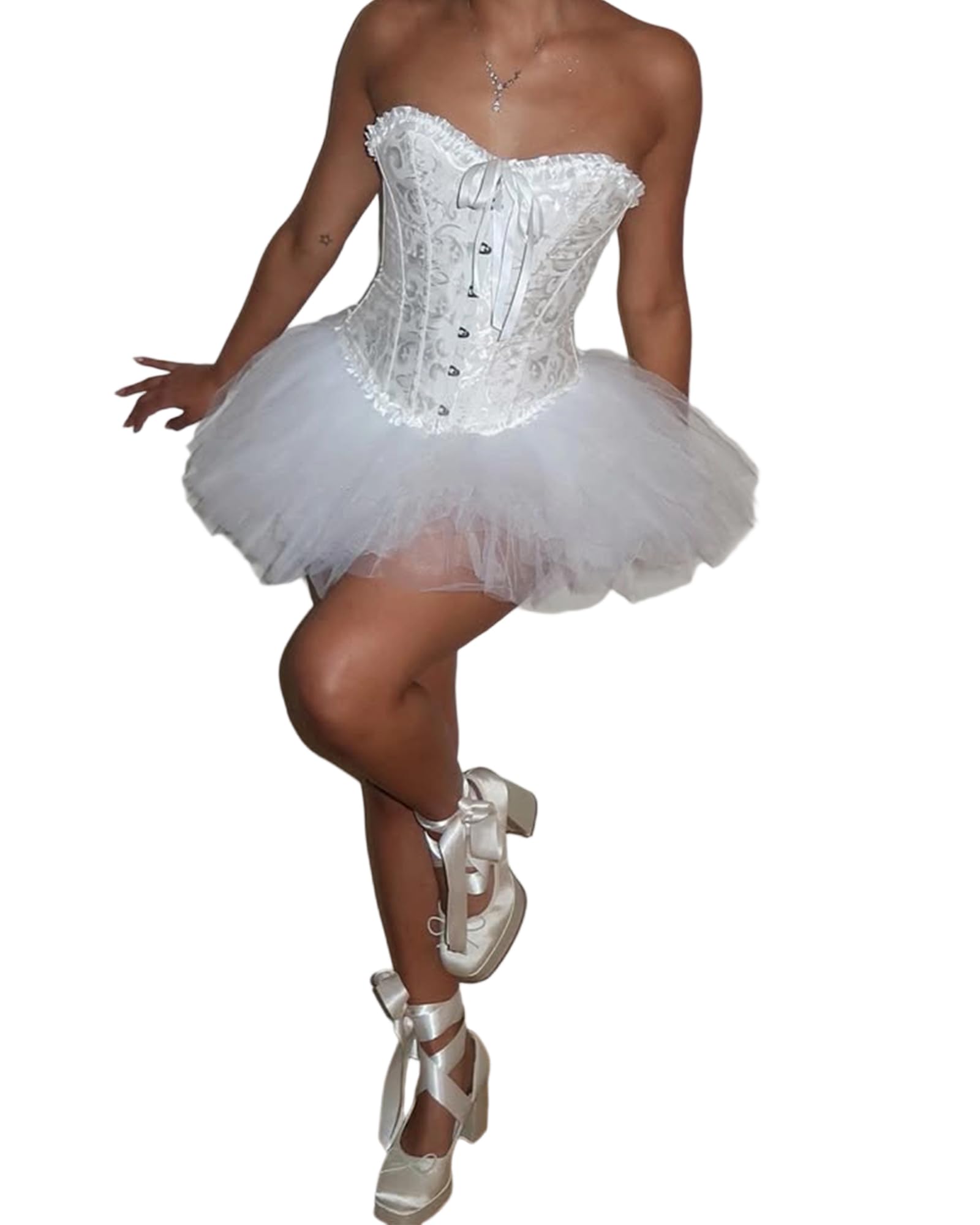 Cusghjbsg Women's Swan Ballerina Cosplay Costume Corset Tutu Skirt Fancy Dress (White A, L)