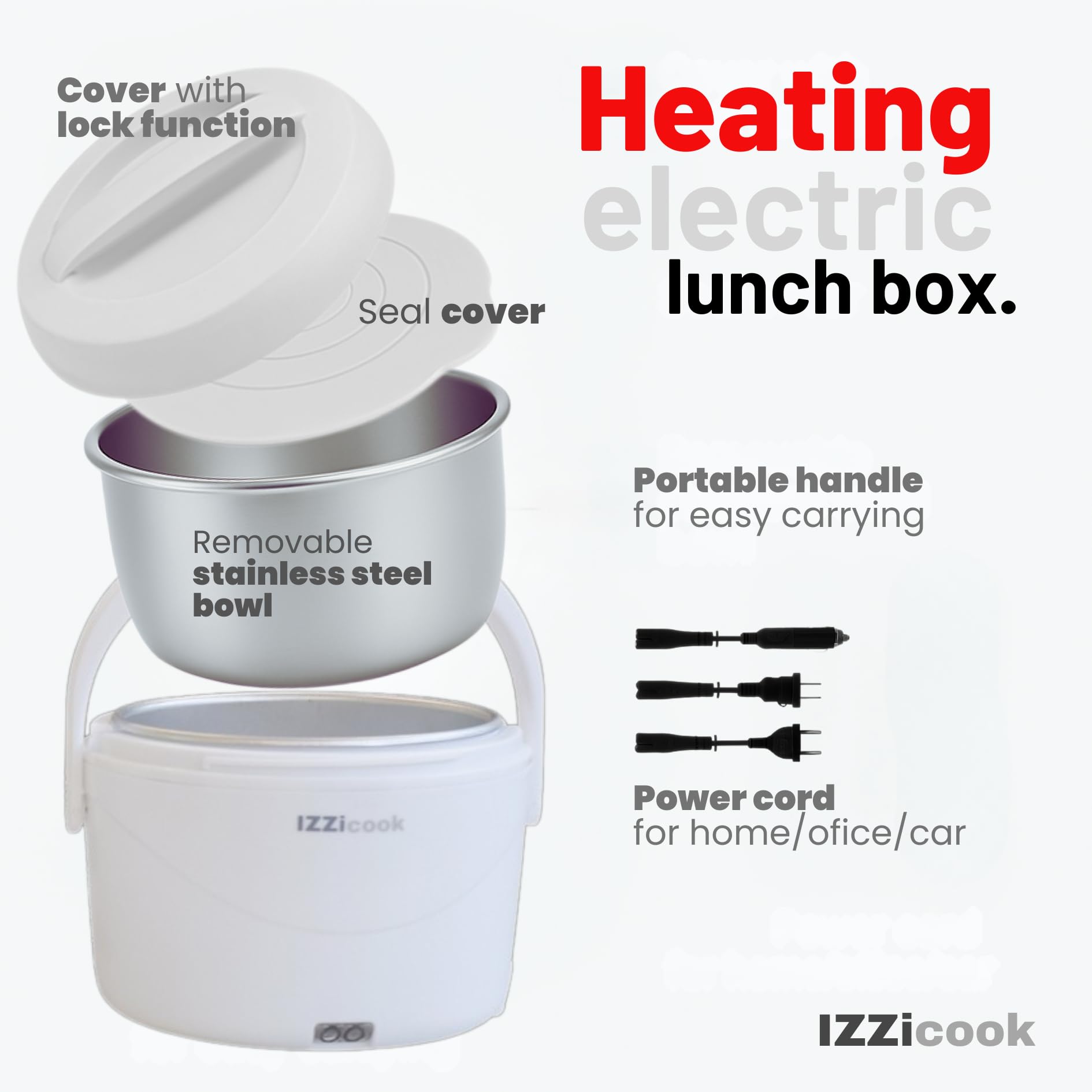 IZZi cook - Fiambrera calentadora para adultos, calentador eléctrico de 1.2 L y calentador de alimentos, solución de comida portátil para oficina, viajes y escuela con tapa a prueba de fugas y