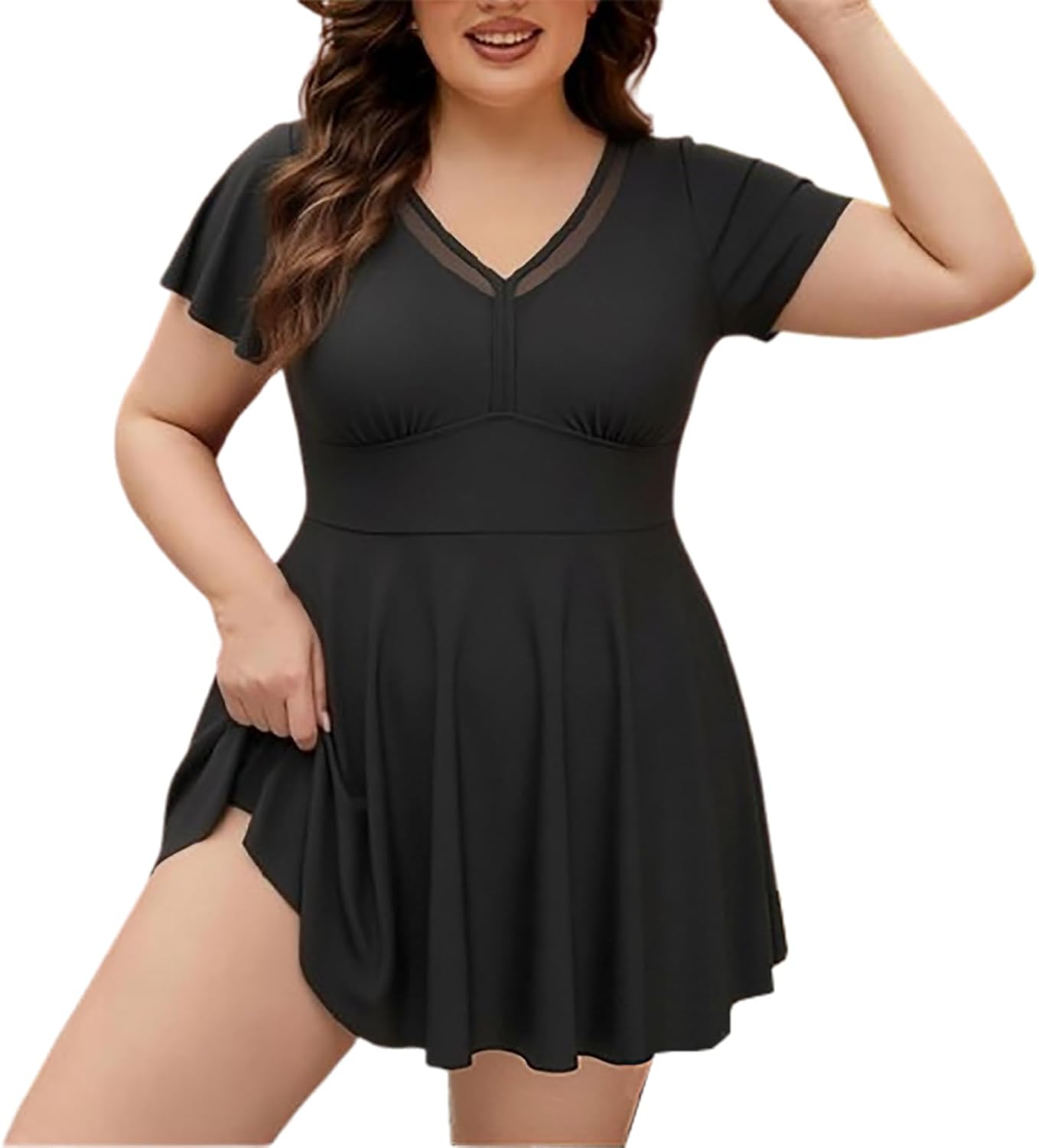 YRAETENM Plus Size Swimsuit for Women Mesh Swim Dress Two Piece Tankini Bathing Suits Full Coverage Tummy Control Swimsuits