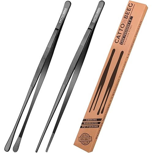 Pinzas largas de 12 pulgadas Pinzas de cocina negras de acero inoxidable para cocinar, pinzas de cocina para barbacoa, alimentación de mascotas,