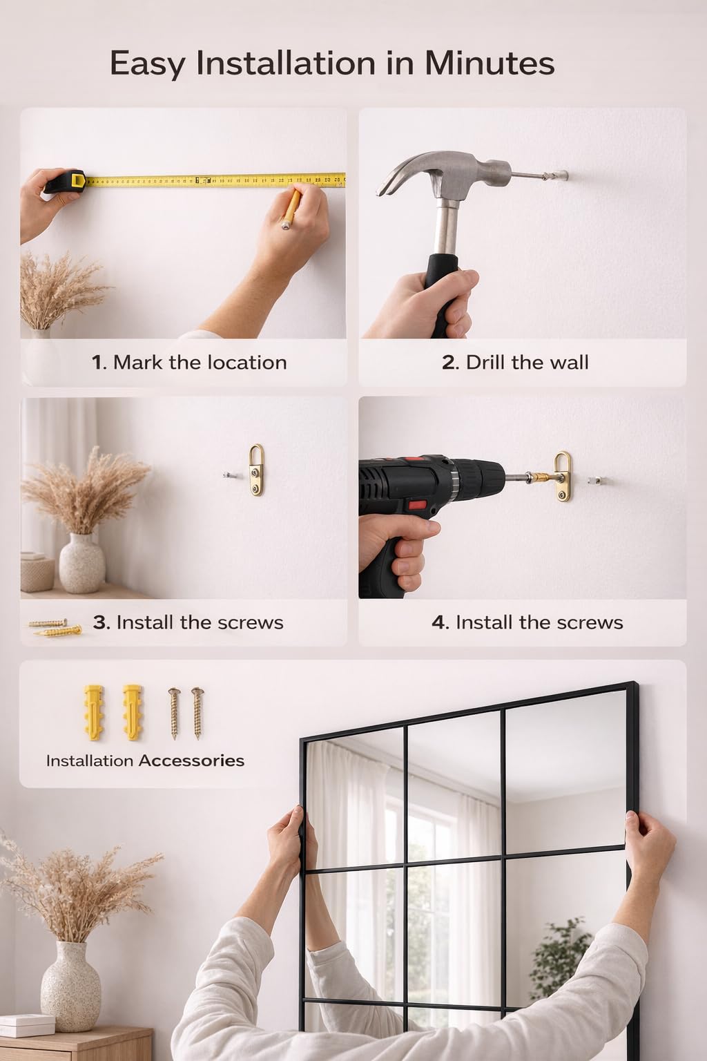 Espejo Rectangular Decorativo 63x175cm con Diseño de Cuadrícula | Espejo de Ventana con Marco Metálico Inclinado | para Entrada, Salón y Pasillo