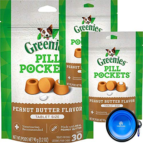 Greenies Bundle Pack Pill Pocket Tablet for Dogs (3 Pack) Flavored Dog Treats (90 Tablets) Bundle with Hotspot Pets Collapsible Travel Bowlâ¦ (Peanut Butter)