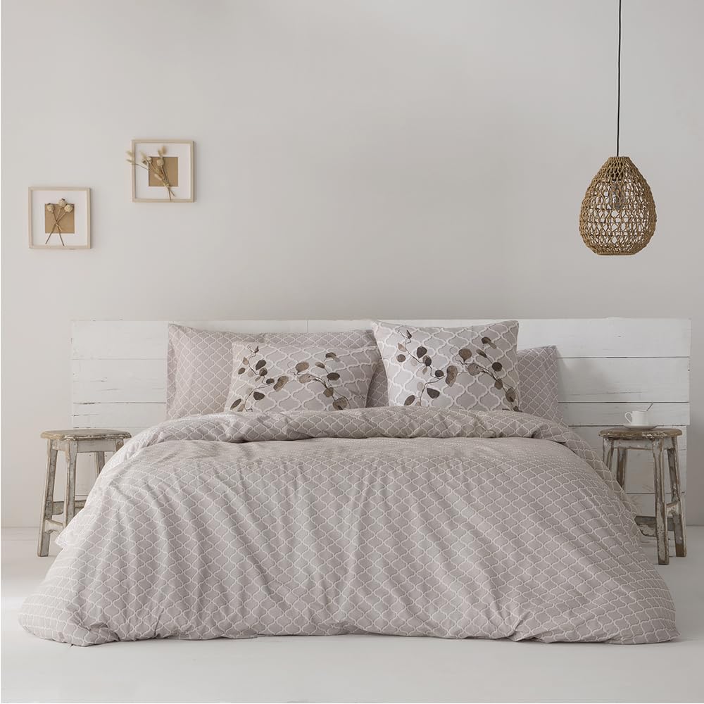 COTTON ARTean Funda Nórdica Cama 135 Satén 200 Hilos Arina Beige Botones | Incluye 2 piezas: F. Edredón 220x220 +1 F.de Almohada Cierre Botones.Reversible. Algodón Certificado OEKO-TEX