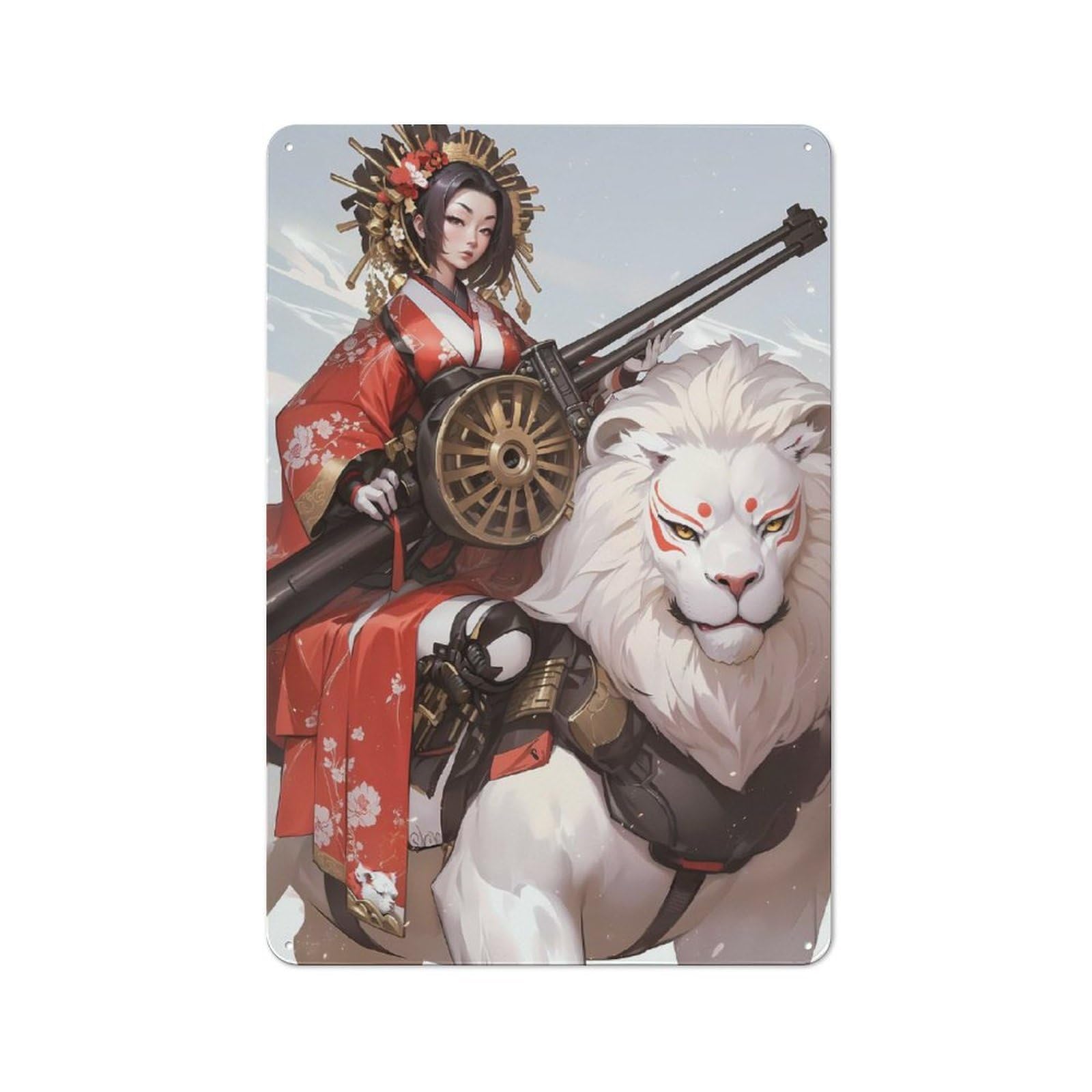 Geisha on Lion with Gatling Gun Classic Metal Wall Decor 30x20cm, Metal Sign for Cafe, Pub, Workshop Or Home Bar, Small Accent for Blank Walls