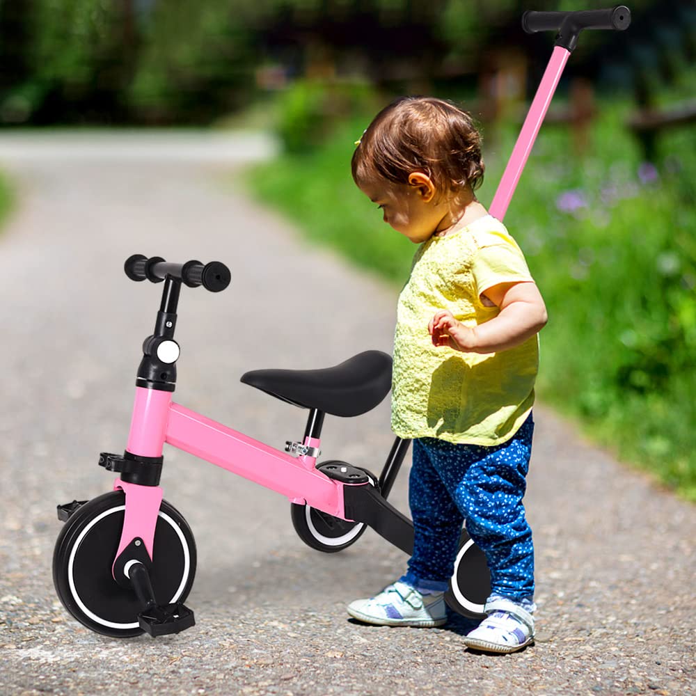 bicicletta per bambini con frizione,Triciclo 3 in 1 con manico scorrevole per bambini da 1 a 3 anni, ruota pieghevole, ruote più grandi, pedali rimovibili, 3 in 1 (rosa)