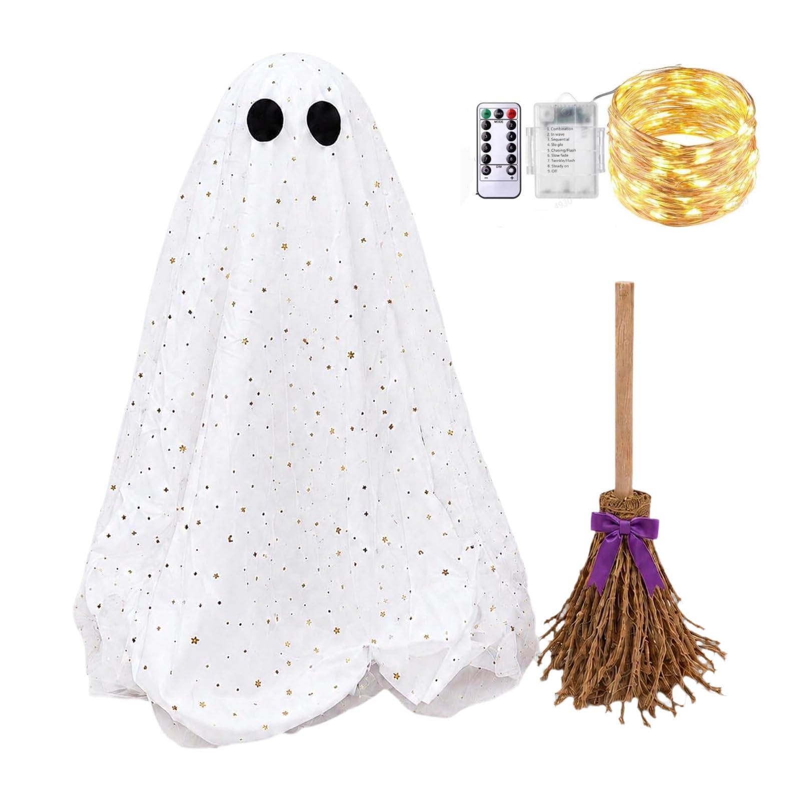 RetroNest Halloween Ghost Decoration with Broom Spooky Sequins Mesh White Standing Adjustable Indoor Outdoor Party Home Table Fireplace Kitchen Decor C