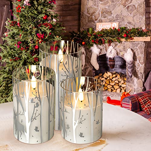 Yongmao Christmas Glass Flickering Flameless Candles, Elk Tree Snowflake Candle Battery Operated With Remote Timer Set Of 3 Real Wax Pillar Candles For Christmas Home Decoration(D 3” X H 4” 5” 6”) #TOP1