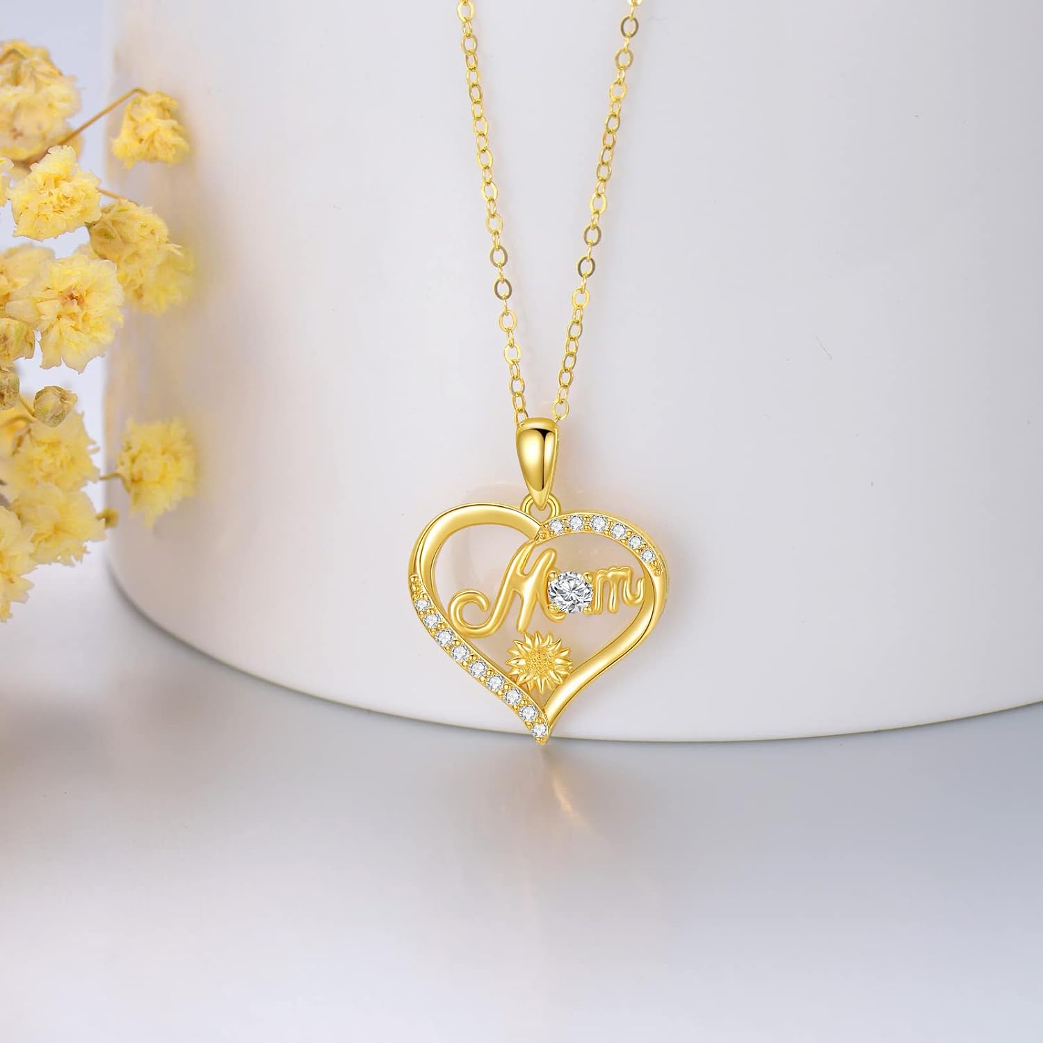 SISGEM 14K Real Gold Heart Mother Necklace for Women,Yellow Gold I Love You Mom Pendant Necklaces Birthday Jewelry for Mom Wife Grandmother 16''-18" - Image 4