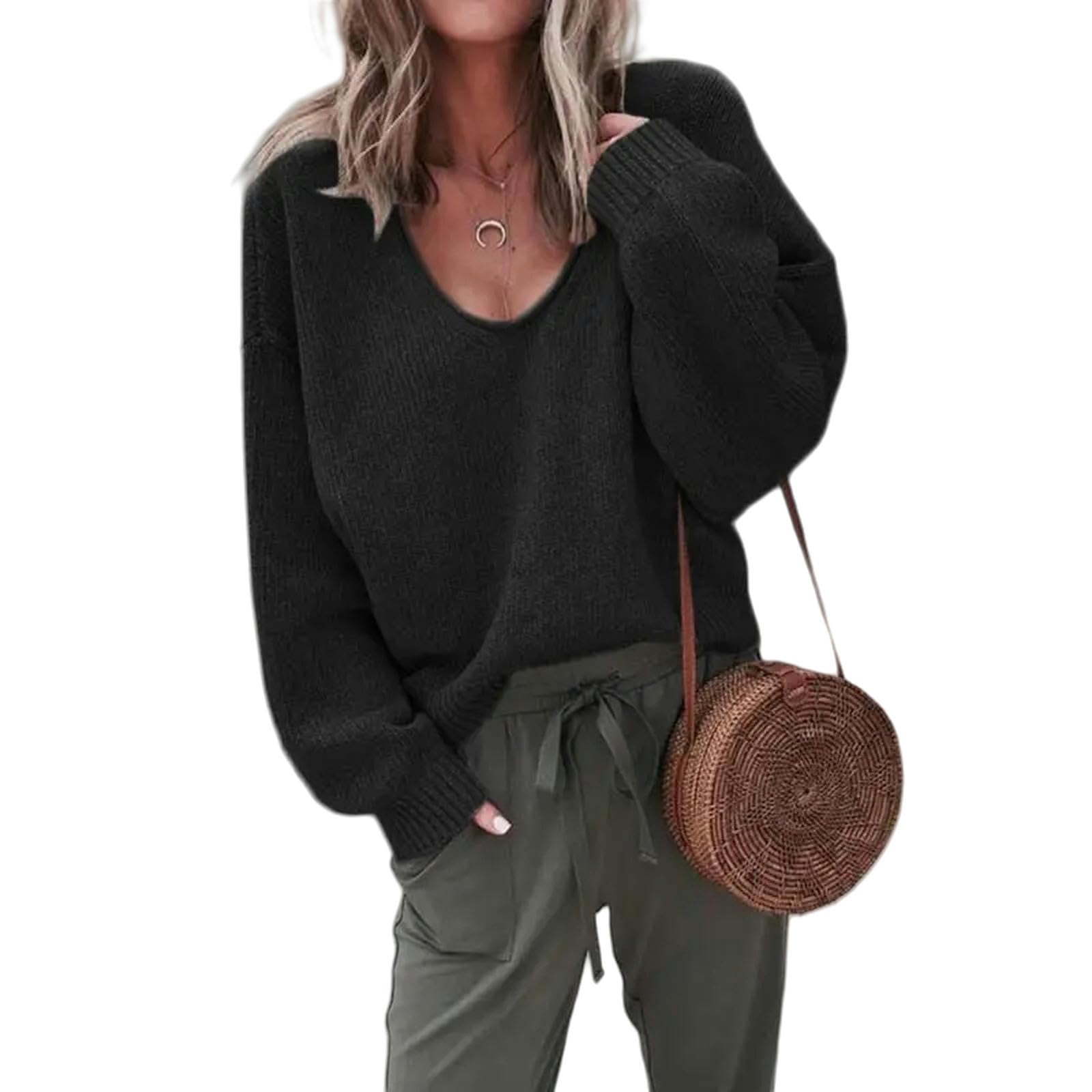 Ropa Mujer Mujeres Mangas Larga V Cuelloz De Punto Capasista Autumn Autumn Black Loose Empéchón Vintage Sweater Streetwear-Amarillo-XXL