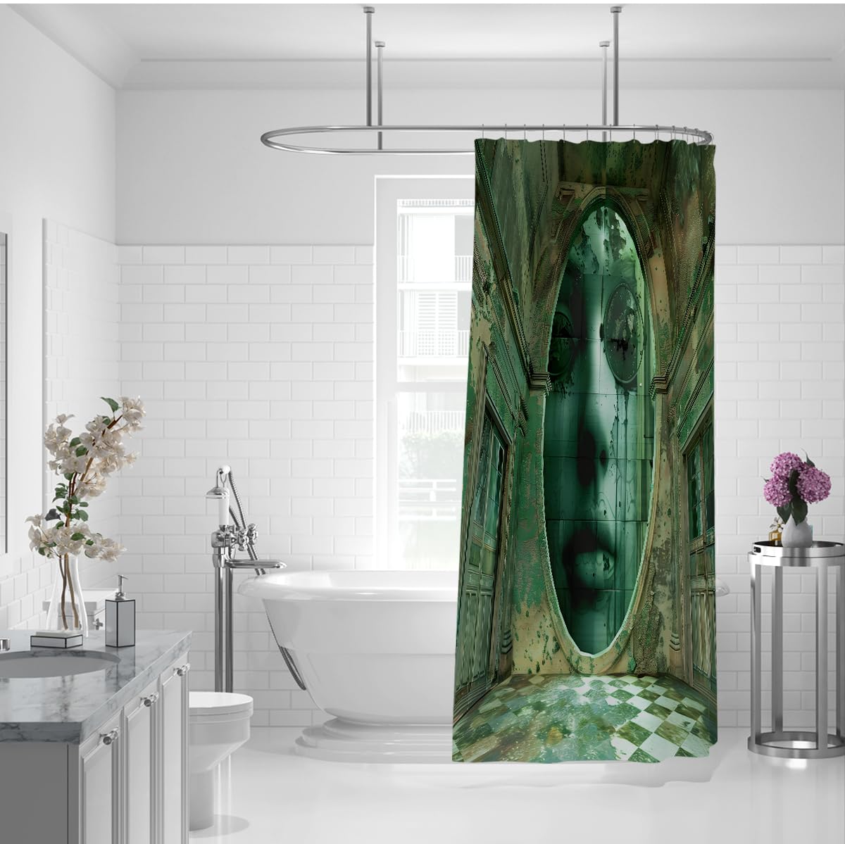 Surrealismus-Stoff-Duschvorhang Gotische Burg geheimnisvolles Porträtdesign Badevorhang für Badezimmerdekoration Schnell trocknbare Maschine waschbar 200 x 240 cm