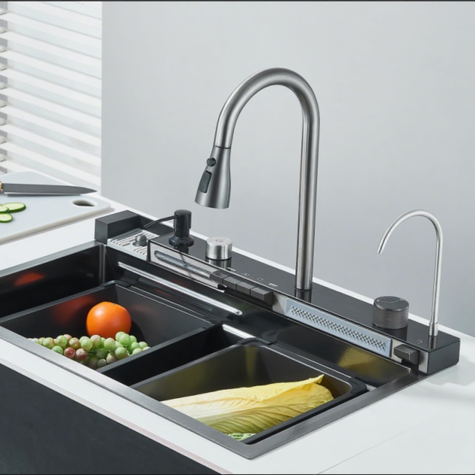 Noir Évier de Cuisine en Acier Inoxydable 304 avec Robinet Extractible Grand Évier Simple Affichage Numérique Intégré Lave-tasses Distributeur de Savon Robinetterie (75 * 45 * 21 cm)
