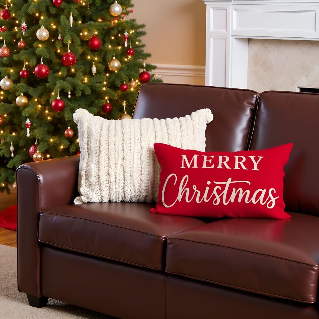 PANDICORN Merry Christmas Throw Pillow Cover 12x20, Red Lumbar Decorative Cushion Case for Couch Sofa Holiday Decor, Classic Christmas Pillow Covers Decoration for Home