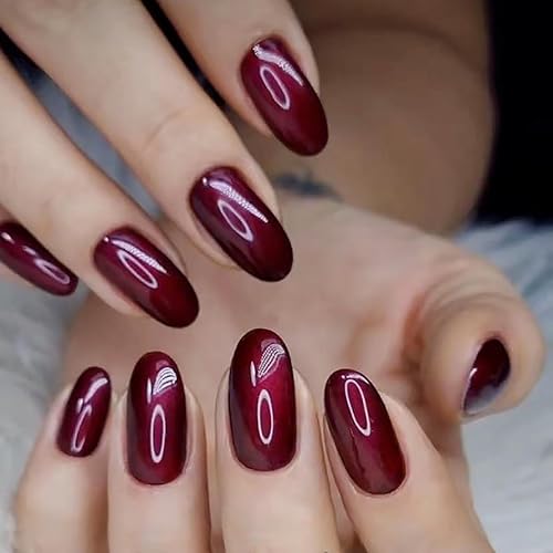 Miniatura 1 de Uñas postizas a presión medianas ovaladas, uñas postizas acrílicas de almendra, uñas postizas color rojo vino con diseños de efecto espejo mágico