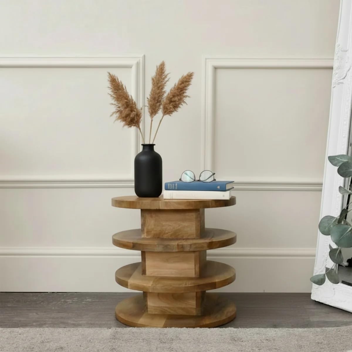 Handcrafted Solid Wood Round Side Table, 4-Tier Geometric Bedside Nightstand for Bedroom, Living Room, and Small Spaces, Natural Finish-image-30