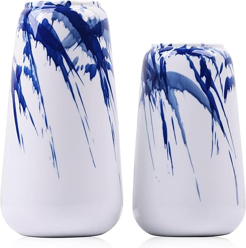 Juego de 2 jarrones chinoiserie azules y blancos, juego de jarrones de cerámica blanca y azul, jarrones chinos, jarrones decorativos brillantes