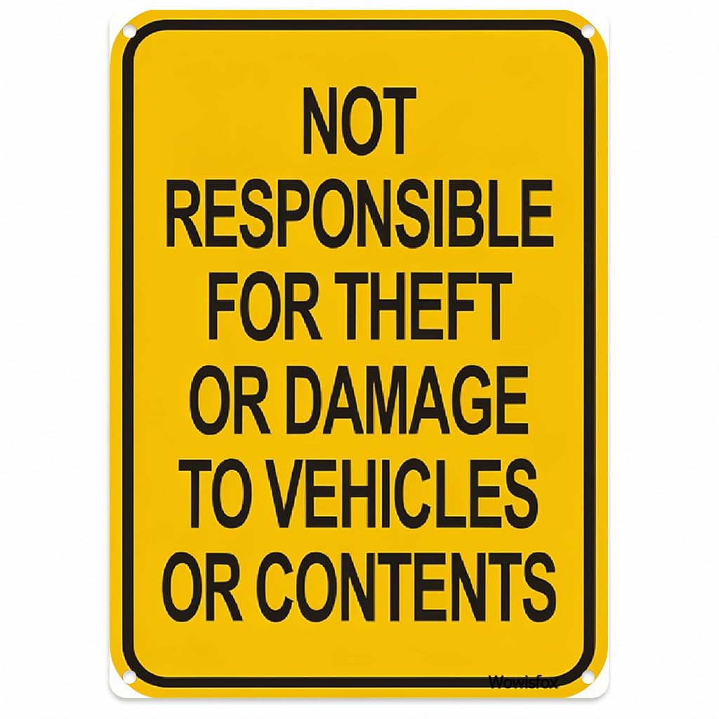 Not Responsible for Theft or Damage Sign, 8 x 12 Inch Aluminum